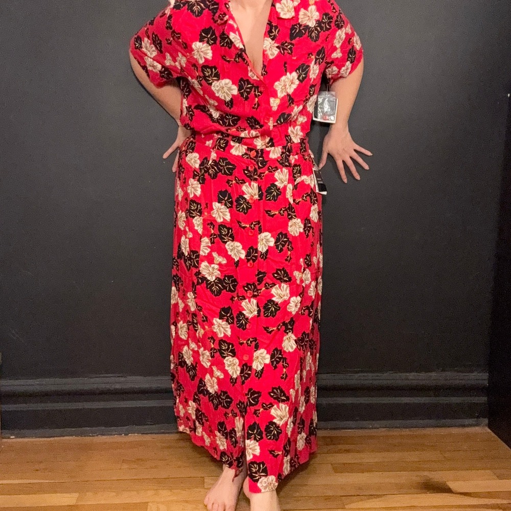 Sag Harbor Vintage Red Tropical Floral 2 Piece Skirt Set Hawaiian vibe Deadstock